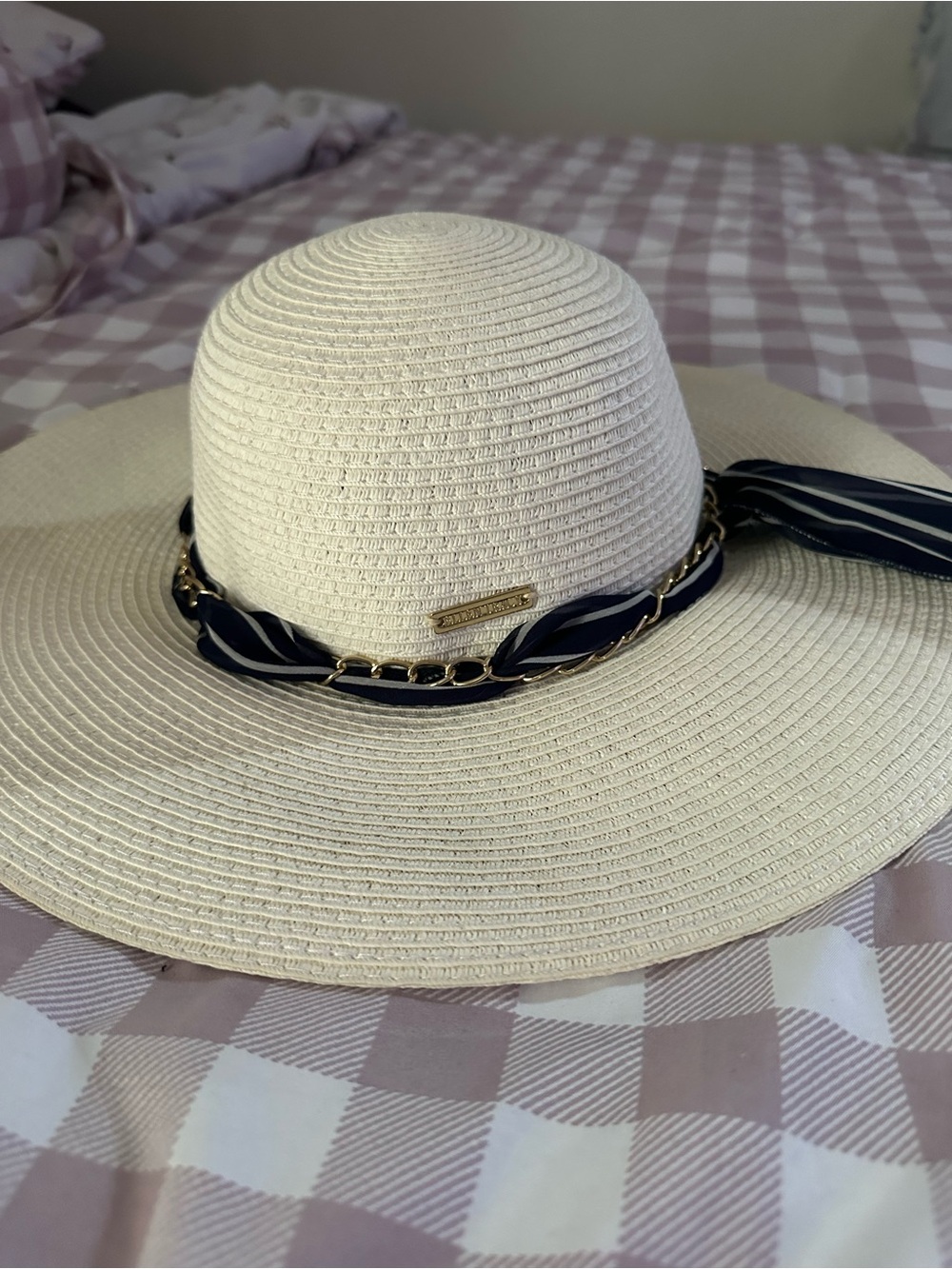 Ellen Tracy Cream Straw Sun Hat with Navy Chain & Ribbon Trim